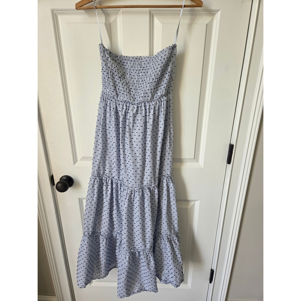 Sim & Sam Blue Striped Swiss Dot Smocked Tiered Strapless Midi Dress XS